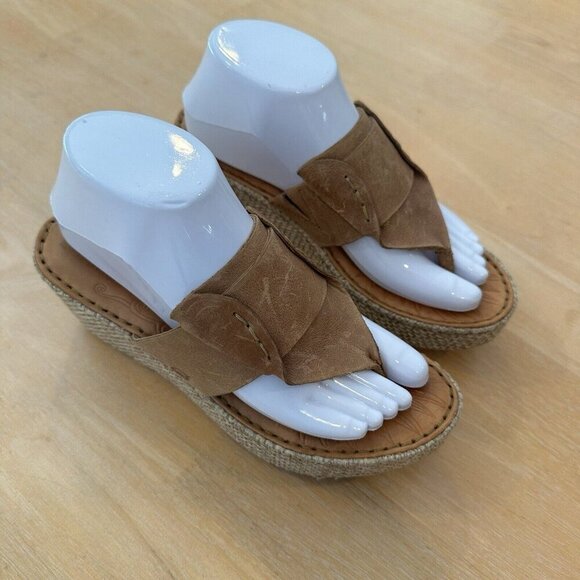 Børn Shoes - Born Wedge Sandals Womens 8 Brown Tan Leather Comfort Espadrille Woven Platform